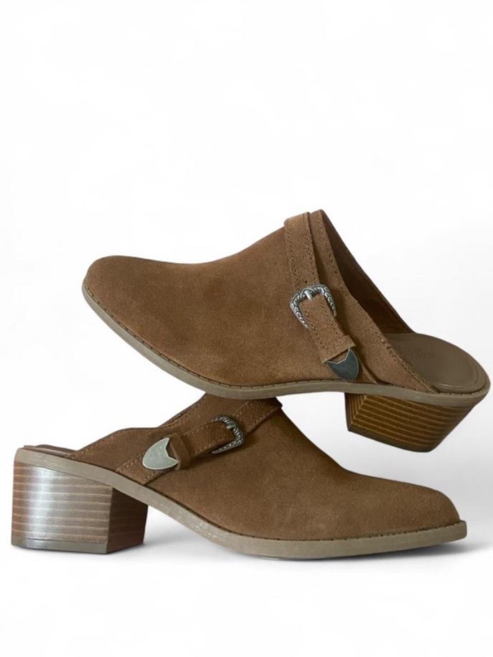American Eagle Genuine Suede Brown Western Buckle Block Heel Mules Women's 9